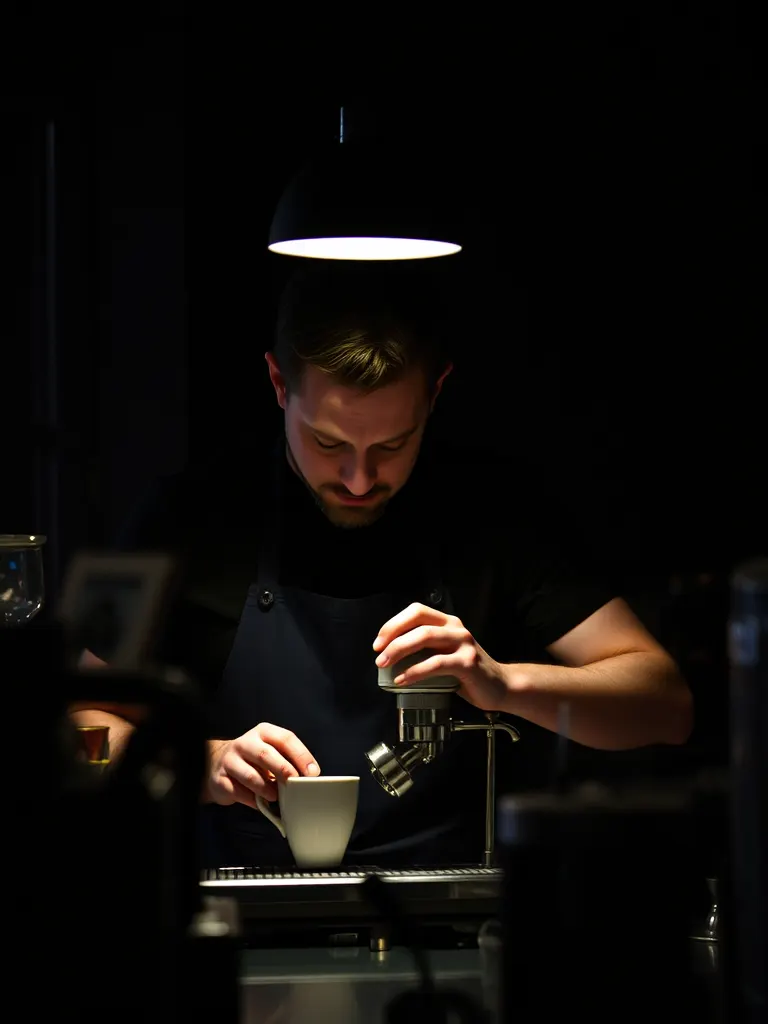 A barista pulling a shot at the front bar