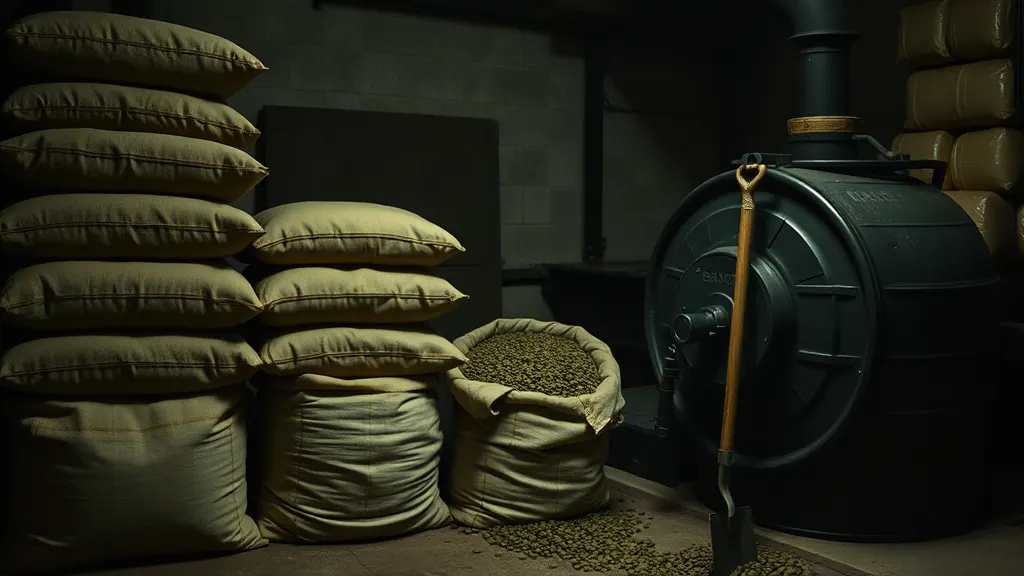 Sacks of green coffee stacked beside the roaster